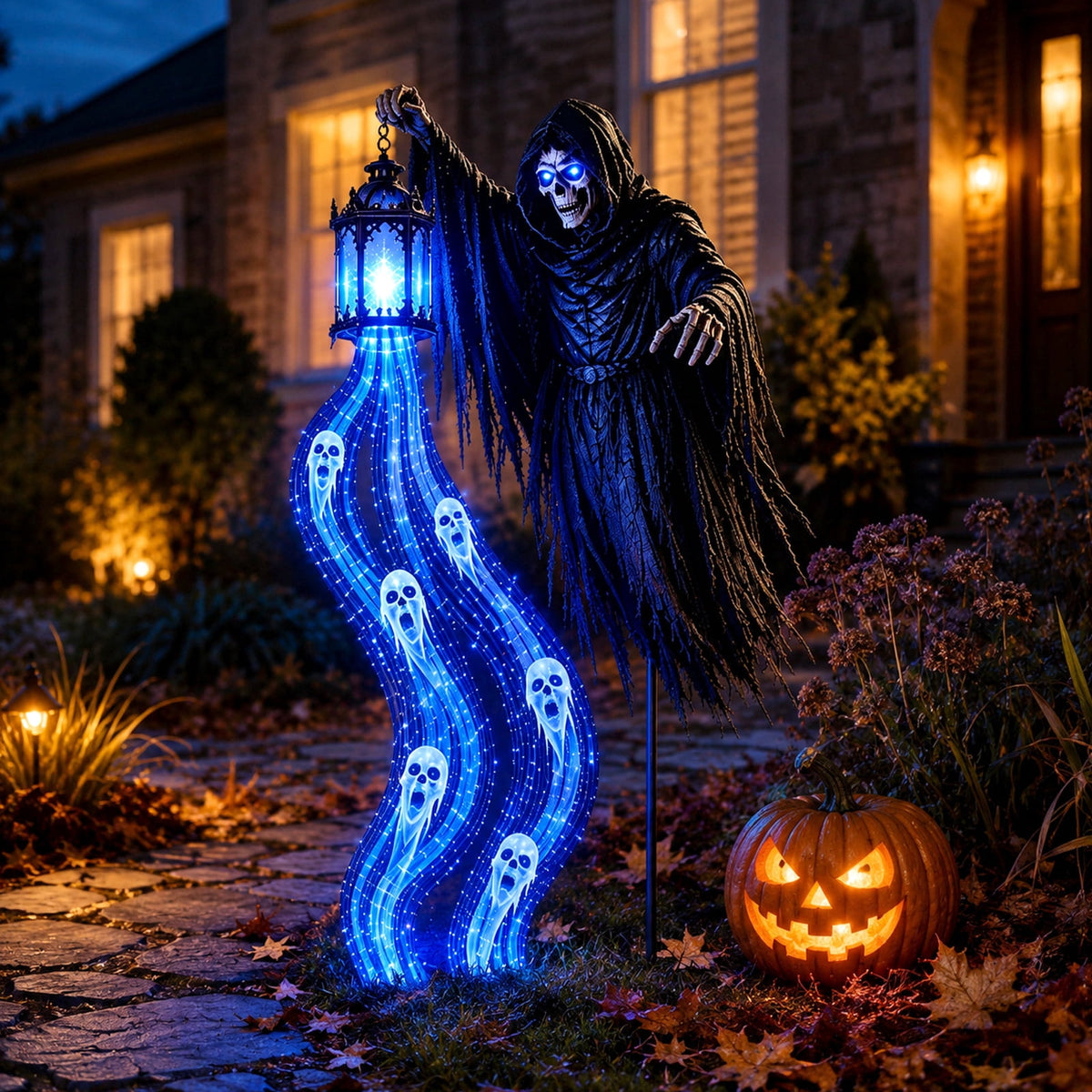 Halloween Soul Harvester Animated Garden Light, Solar Powered Iron Stake Lamp With Spooky Blue Ghost Led For Garden Pathway