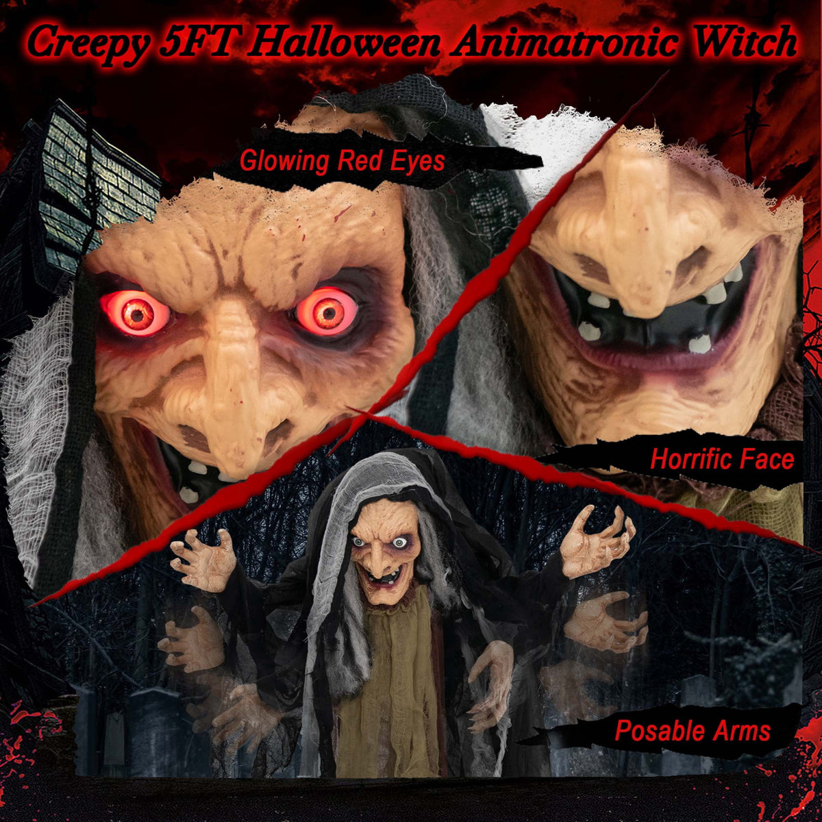 Costway 5 FT Halloween Animated Standing Witch Life Size Decoration with Posable Arms