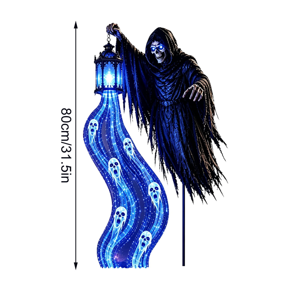 Halloween Soul Harvester Animated Solar Garden Stake Light, 31.5 Inch Grim Reaper Ghost Light with Blue LED Lantern, Spooky Solar Yard Stake Decor for Lawn Garden Pathway Halloween Party
