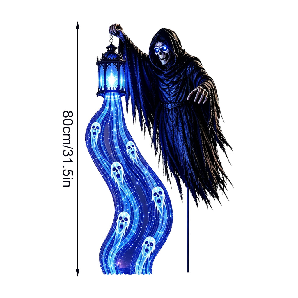 Halloween Soul Harvester Animated Garden Light, Solar Powered Iron Stake Lamp With Spooky Blue Ghost Led For Garden Pathway
