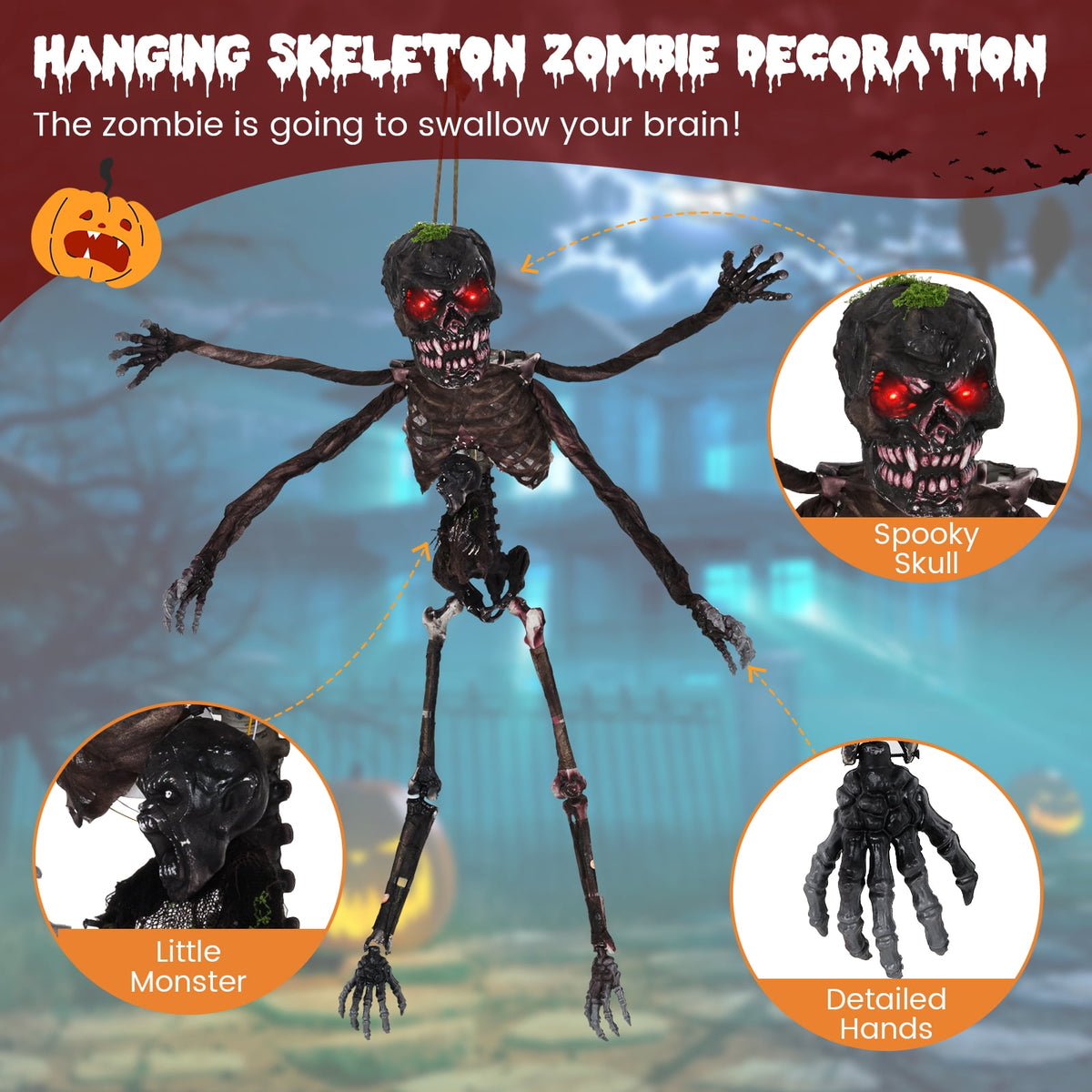 Gymax 6 FT Animated Halloween Decoration Hanging Zombie Light-up Eyes Poseable Arms