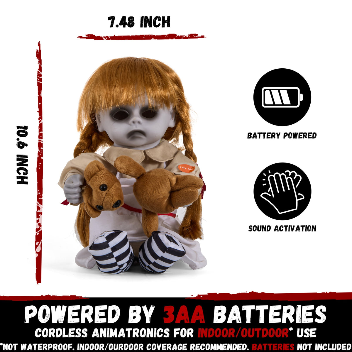 ELAMAS 10 Inch Animatronic Creepy Girl Doll Halloween Animated Decorations with Sound Activated Spooky Sound, Light Up Eyes, Scary Move, Haunted House Holiday Decor Horror Prop for Indoor, Outdoor