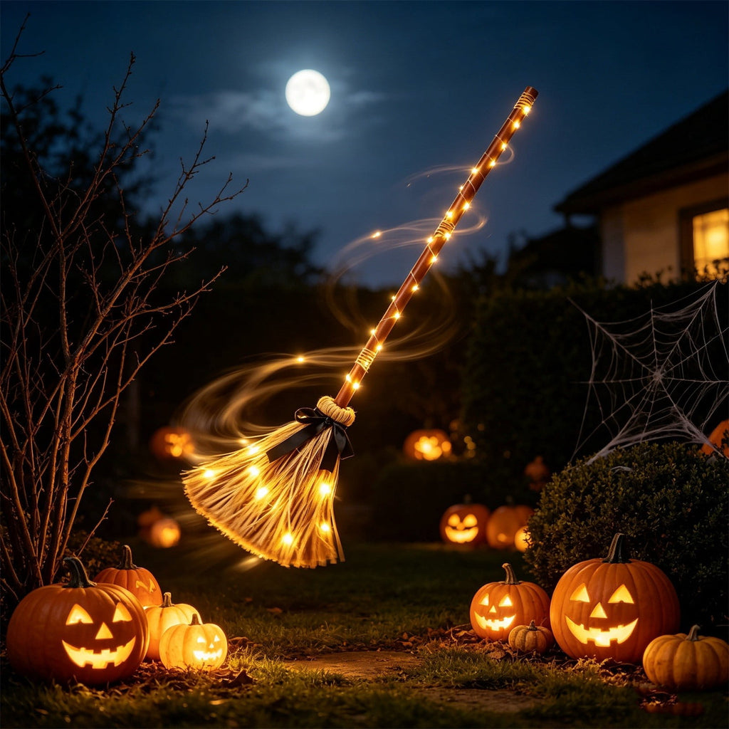 Halloween Decoration Indoor Animated Floating Witch Broom Light Up Broom with Sound Activated, Spooky Halloween Moving Witch Broom for Holiday Party Displays