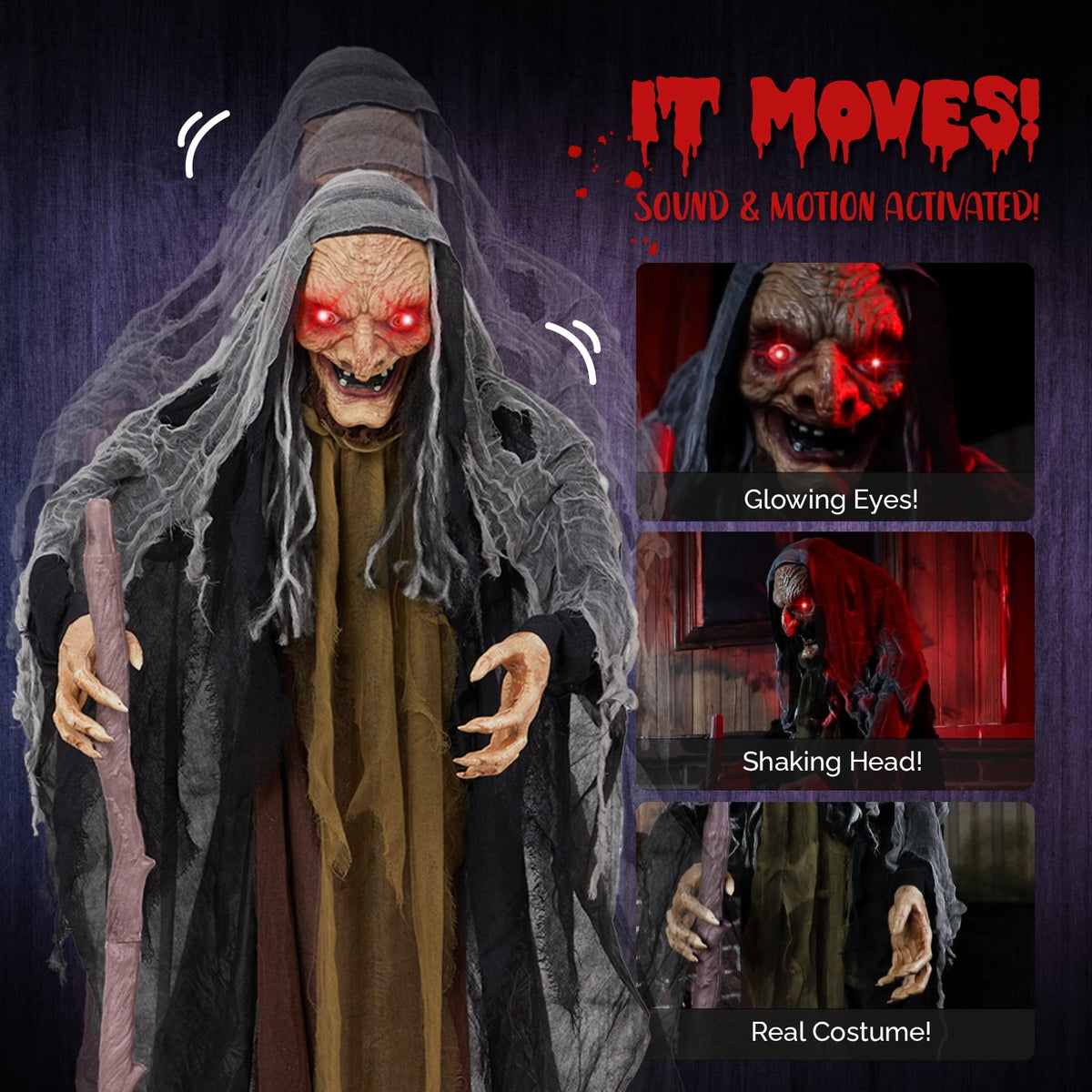 Ktaxon 5.3ft Witch Animated Animatronic Decoration Creepy Halloween Witch w/ Pre-Recorded Screaming