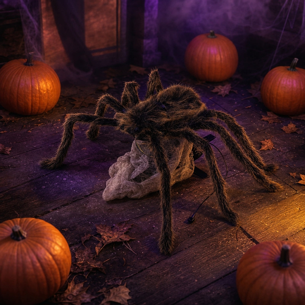 Animated Jumping Spider Prop, Fuzzy Halloween Decor With Light Sound, 35.4 in