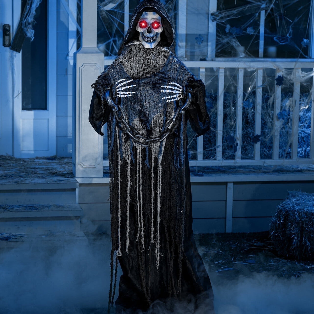 Joyfy 67"(5.6ft) Standing Ghost Large Halloween Decorations Outdoor, Sound-Actived Skeleton with Glowing Eyes & Creepy Sound, Scary Halloween Life Size Animatronics, Haunted House Props for Yard Lawn