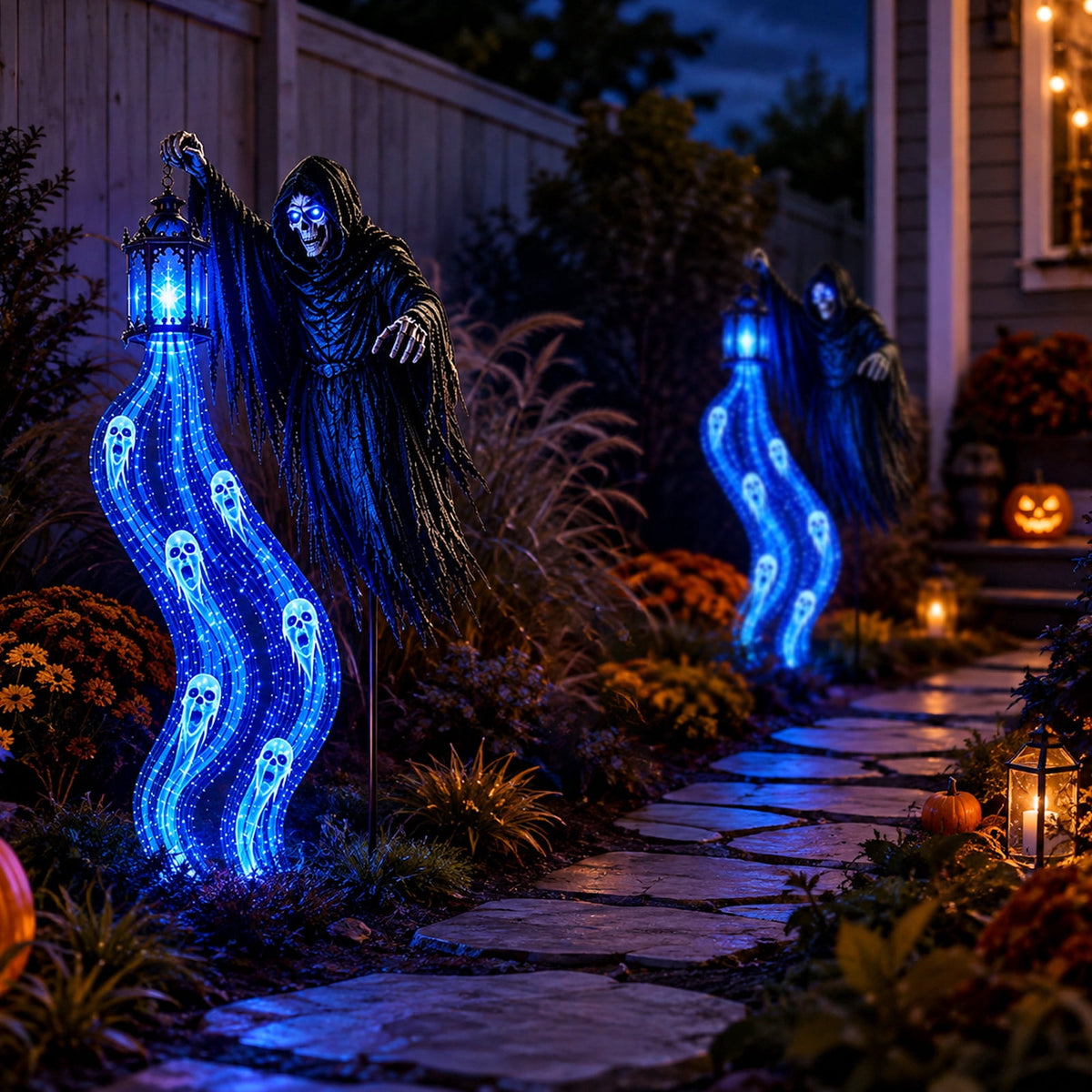 Halloween Soul Harvester Animated Solar Garden Stake Light, 31.5 Inch Grim Reaper Ghost Light with Blue LED Lantern, Spooky Solar Yard Stake Decor for Lawn Garden Pathway Halloween Party