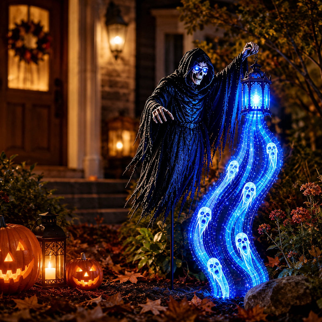 Halloween Soul Harvester Animated Solar Garden Stake Light, 31.5 Inch Grim Reaper Ghost Light with Blue LED Lantern, Spooky Solar Yard Stake Decor for Lawn Garden Pathway Halloween Party