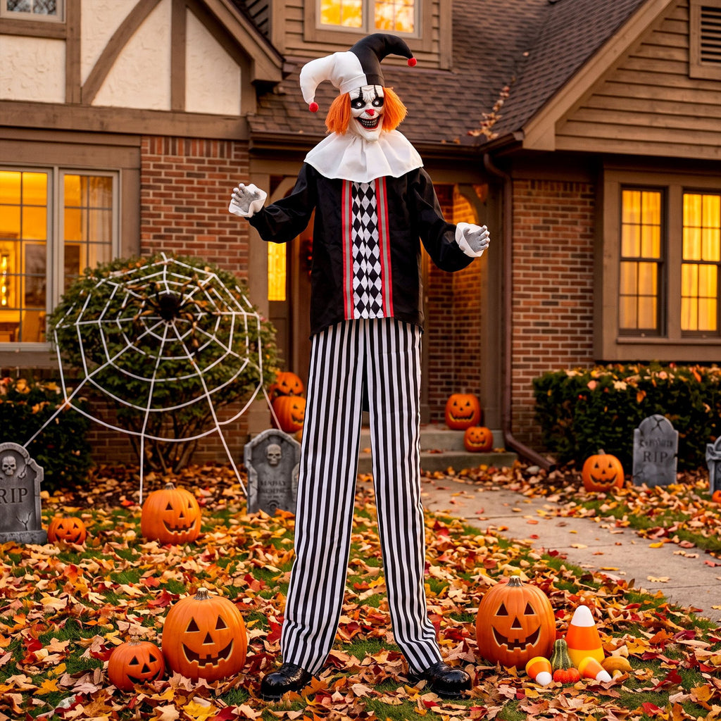 Halloween Animatronic Prop, 106.3 Inch Giant Animated Clown with Sound and Touch Activation, LED Eyes and Moving Arms for Indoor or Covered Outdoor Use