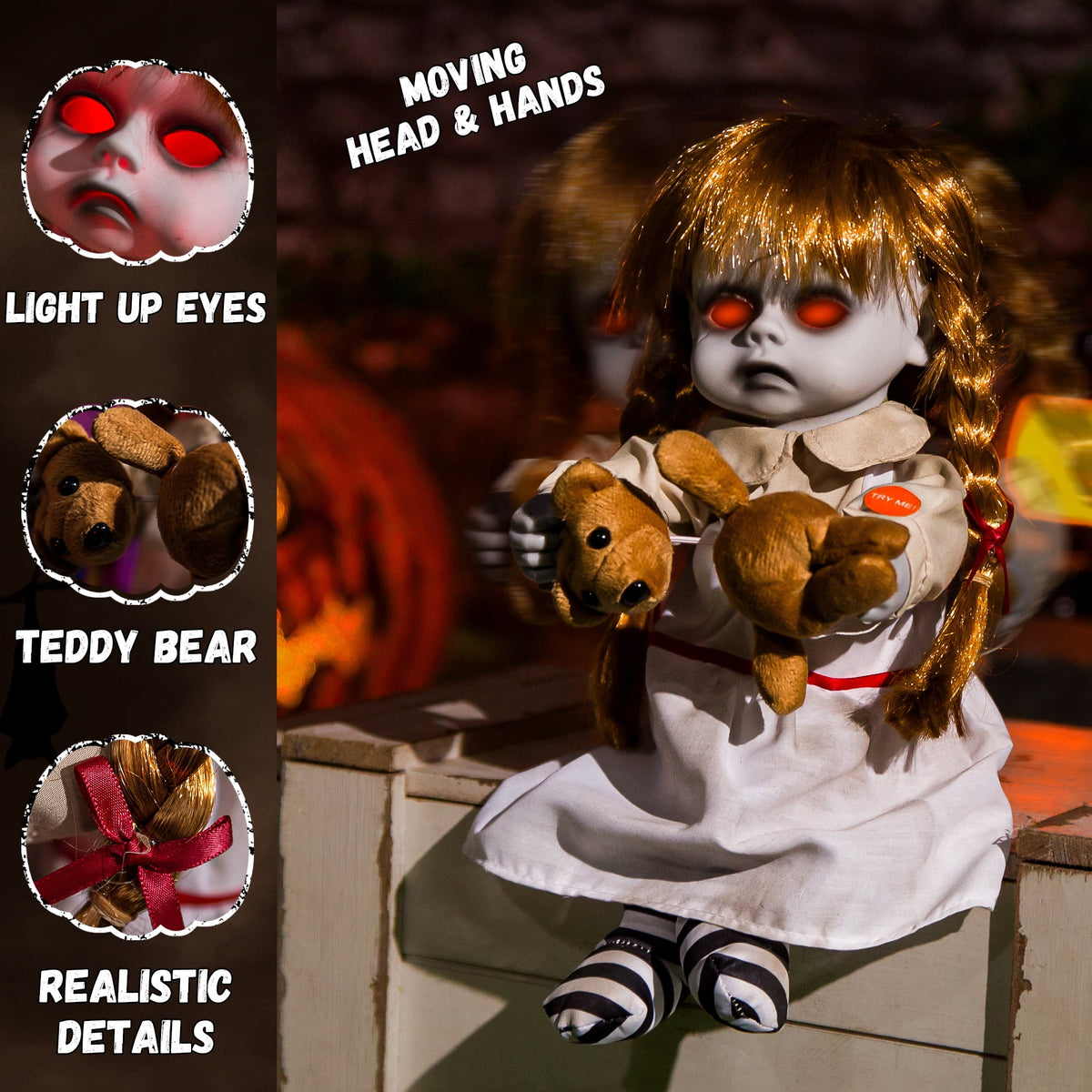 ELAMAS 10 Inch Animatronic Creepy Girl Doll Halloween Animated Decorations with Sound Activated Spooky Sound, Light Up Eyes, Scary Move, Haunted House Holiday Decor Horror Prop for Indoor, Outdoor