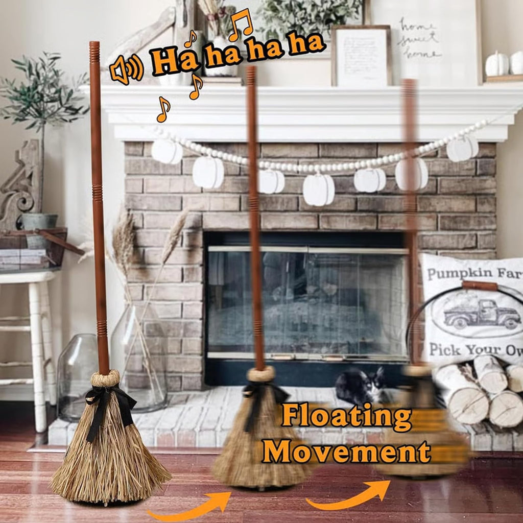 Halloween Magics Broom, 38" Animated Floating Witch Broom Moves for Haunted Party Decorations, Battery Powered Moving Prop for Indoor Haunted House Scary Display