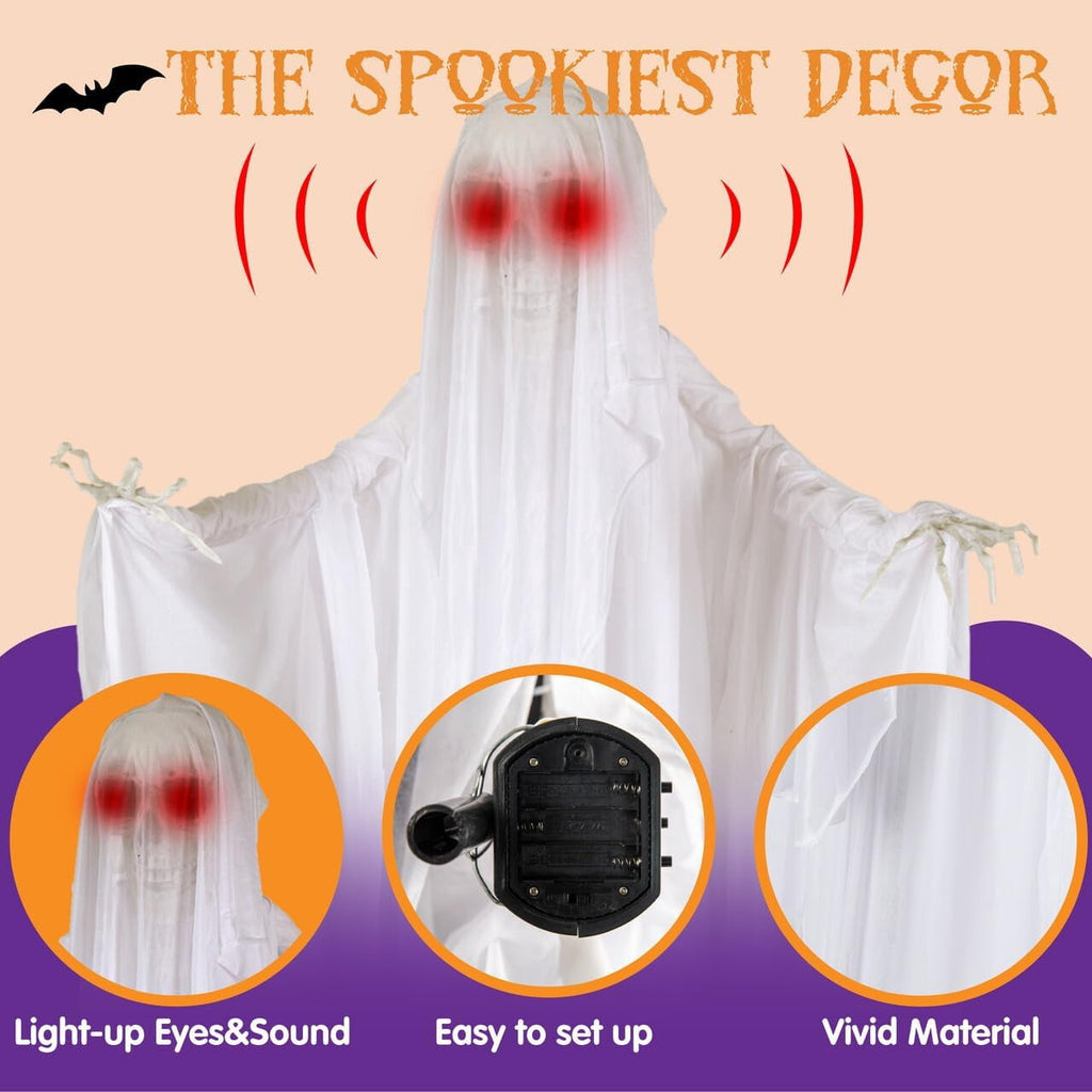 Joyfy 67"(5.6ft) Standing Ghost Large Halloween Decorations Outdoor, Sound-Actived Skeleton with Glowing Eyes & Creepy Sound, Scary Halloween Life Size Animatronics, Haunted House Props for Yard Lawn
