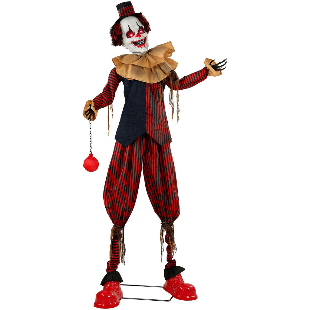 Halloween Decoration Animated Clown, 94.5-Inch Sound and Touch Activated Prop with Red LED Eyes and Moving Arms for Indoor or Covered Outdoor Use