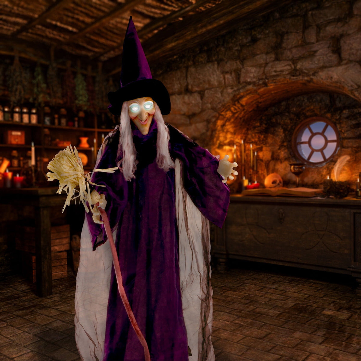 Haunted Hill Farm Life-Size Animated Talking Witch w/ Broomstick, 6 ft Halloween Decoration, HHWITCH-5FLSA