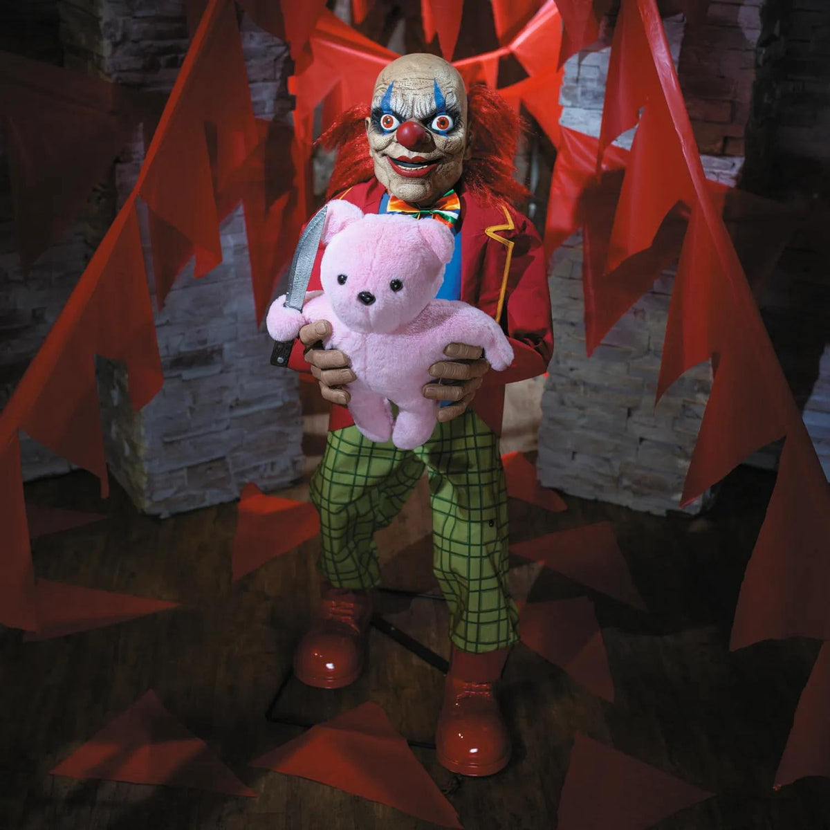 4 Ft. Animated Creepy Clown with Pink Bear Halloween Decoration