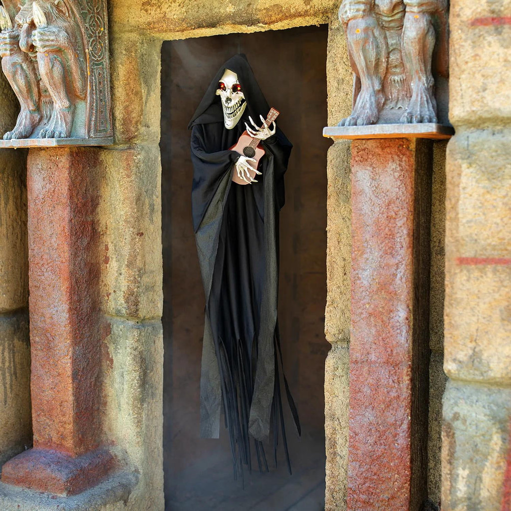 Morris Costumes 4 ft Hanging Animated Singing Reaper with Guitar - Black