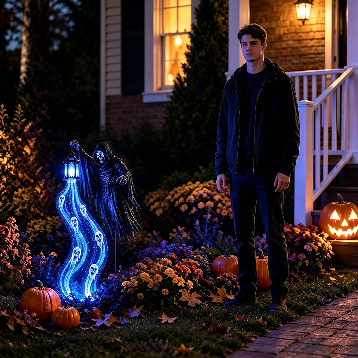 Halloween Soul Harvester Animated Garden Light, 31.5 In Solar Powered Flat Evil Skull Stake Light with Flowing Blue LED Ghost Effect, Waterproof Outdoor Decor for Lawn Yard Pathway Layout, 1Pc