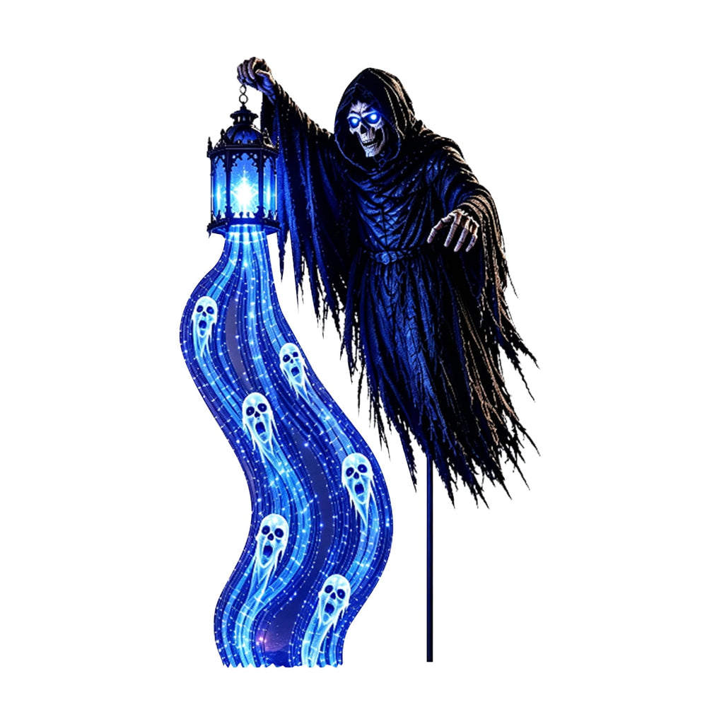 Halloween Soul Harvester Animated Solar Garden Stake Light, Spooky Skeleton Reaper with Cascading Blue Souls, 31.5 Inch Solar Ghost Yard Stake for Cemetery Lawn Outdoor Decor