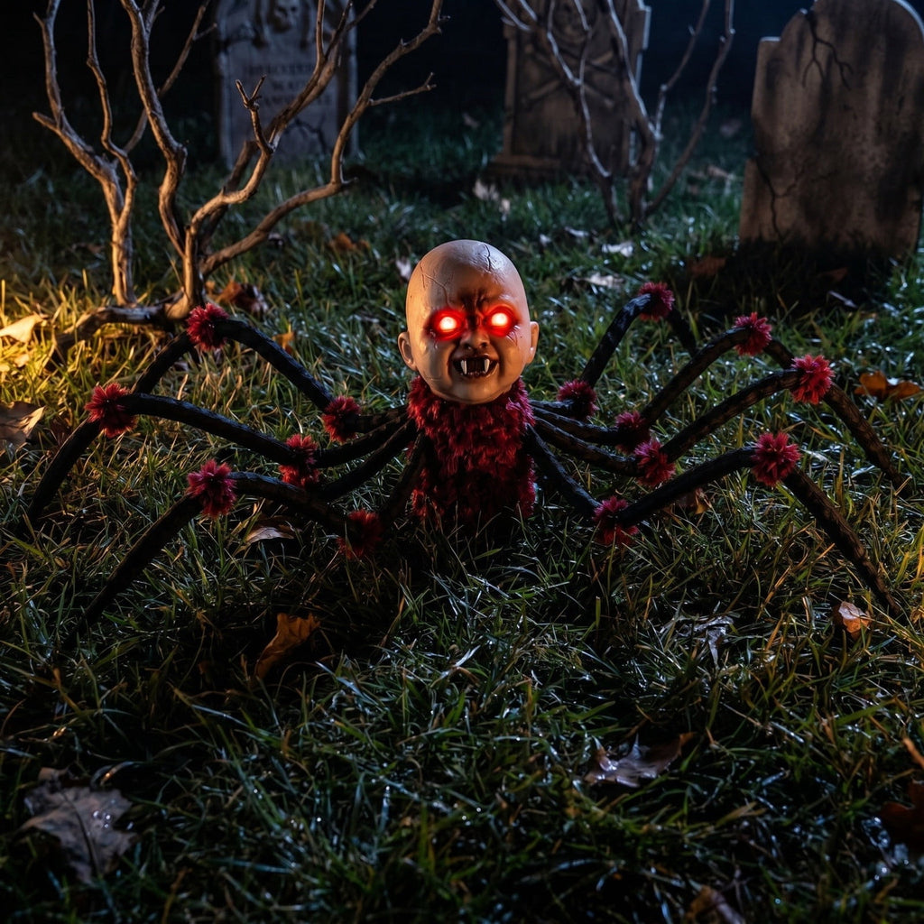 Halloween Animated Baby Head Spider Walking Toy Prop, Halloween Decorative Ornament