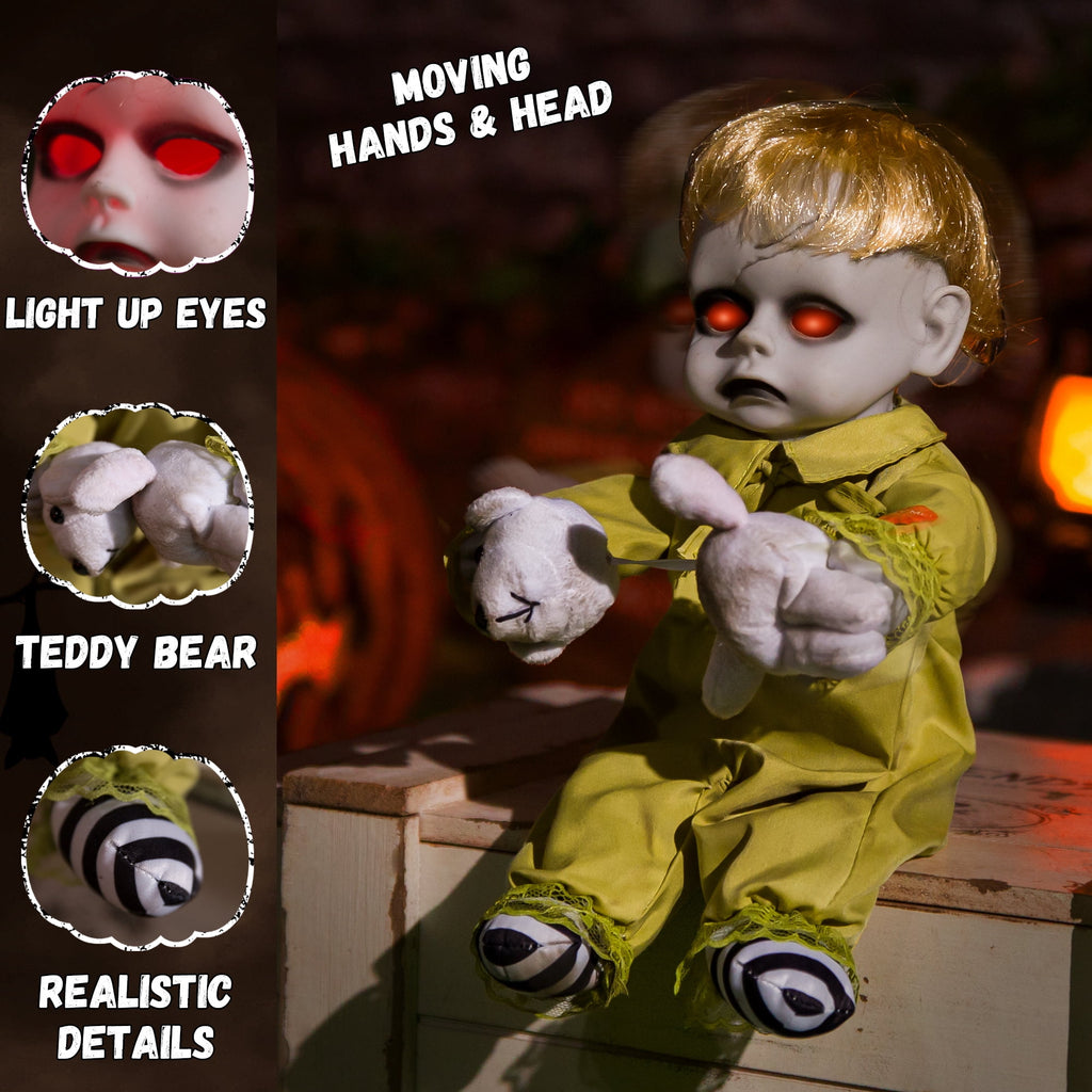 ELAMAS 10 Inch Animatronic Creepy Boy Doll Halloween Animated Decorations with Sound Activated Spooky Sound, Light Up Eyes, Scary Move, Haunted House Holiday Decor Horror Prop for Indoor, Outdoor